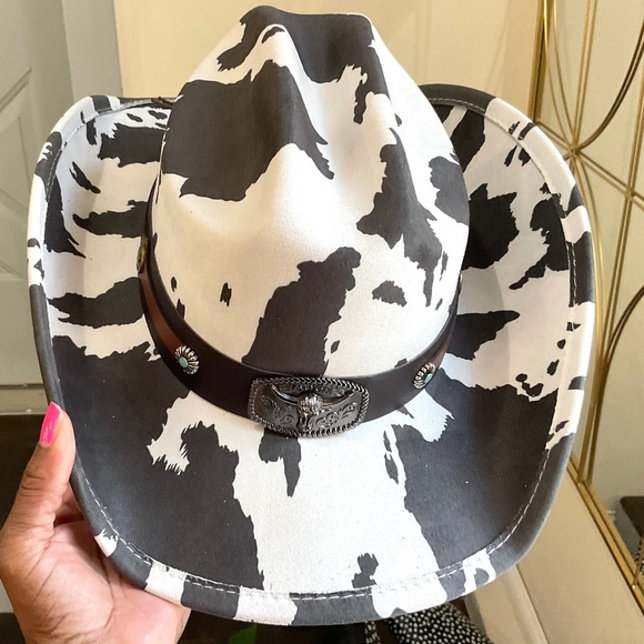 COW PRINT WESTERN LONG HORN STRAP COWBOY HAT - Picture 5 of 15